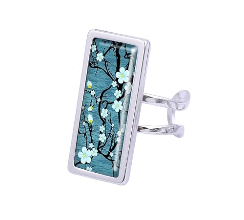 Generic - Bague rectangle Sakura fleurs bleues bijou fantaisie cabochon bleu acier inoxydable
