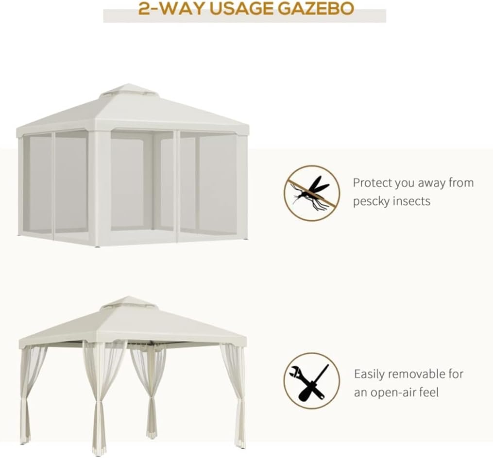 White 10' X 10' Patio Gazebo, Outdoor Canopy Shelter with 2-Tier Roof and Netting, Steel Frame, Cream