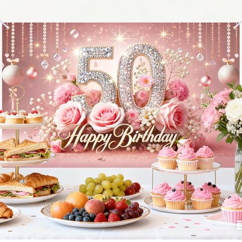 Image of Nuxovilar 50th Birthday Banner - Elegant Pink & Gold Floral Backdrop