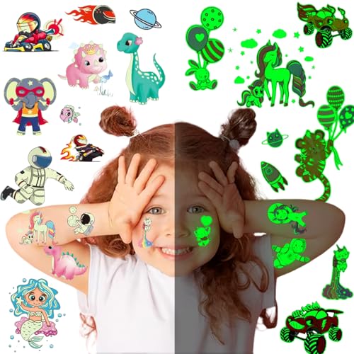 THINGSSOL© Tatuagens temporárias luminosas para crianças 30 folhas | presente de aniversário Piñata | sereia unicórnios animais dinossauros astronautas carros| brinquedos para meninos meninas |