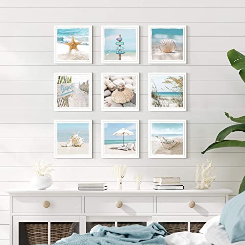 Coastal Pictures Wall Art Framed: Bathroom Small Beach Shell Artwork Seaside Ocean Picture And Seascape Painting Landscape Photo Print For Living Room(13''X13'') #TOP5