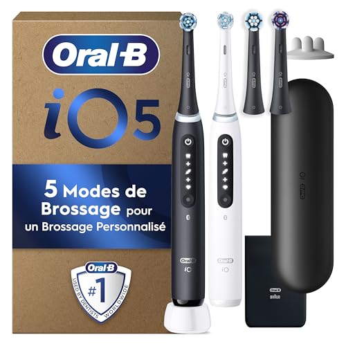 Oral-B iO 5 Duo 2 Brosses À Dents Électriques Pour Adultes, Noire Et Blanche, 5 Modes De Nettoyage Avec Sensible Pour Protéger Les Gencives, 4 Brossettes De Recharge, 1 Chargeur, 1 Étui De Voyage