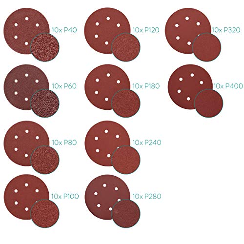 Navaris 100x Schleifpapier 150mm Klett rund für Exzenterschleifer - 40-400 Körnung Schleifscheiben 150mm Klett Set für Holz Spanplatte Metall - Schleifpapier rund
