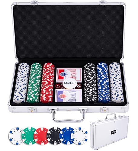 Engelhart - 320910 - Set da Poker - Valigetta in Metallo Argentato con 300 Gettoni (11,5 g), 2 Set di Carte, 3 Bottoni da Croupier, 5 Dadi