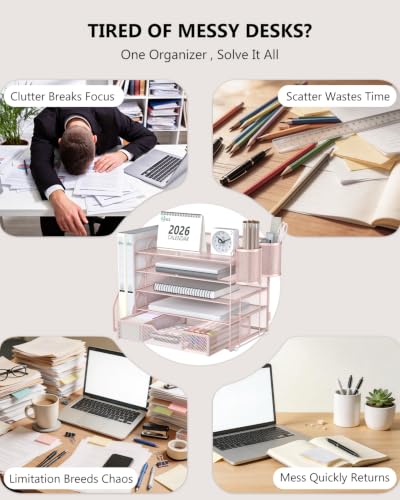 Image of WALI Desk File Organizer, 5 Tier Desktop Paper Letter Tray Organizer with Drawer and 2 Pen Holders, Office Desk Accessories & Workspace Organizers for Office, Home Supplies(DO006DH-P), 1 Pack, Pink