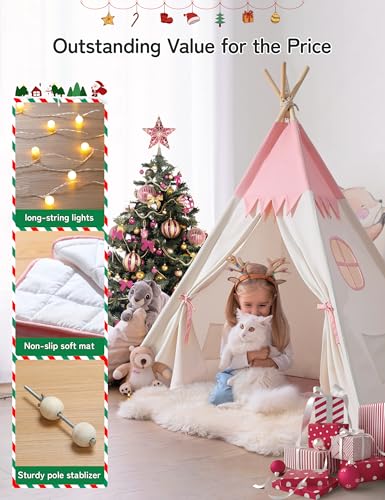 Teepee Tent for Kids Indoor,Kids Play Tent, Toddler Teepee Girls Boys, Baby Teepee, Children Room, Reading Tp,Canvas Playhouse with Lights and Mat (Peachy-Pink, Padded mat) - Thumbnail 3