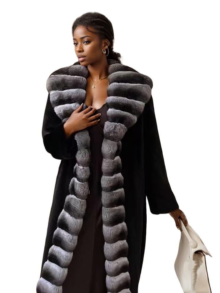 Shaggy Faux Fur Striped Collar Elegan Long Length Black Women's Fashion Coat4