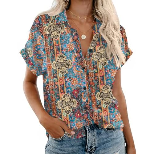Rapbin Women's Button Down Shirt Short Sleeve Casual Blouse Shirts V Neck Collared Tops Colorful Print 2 Medium