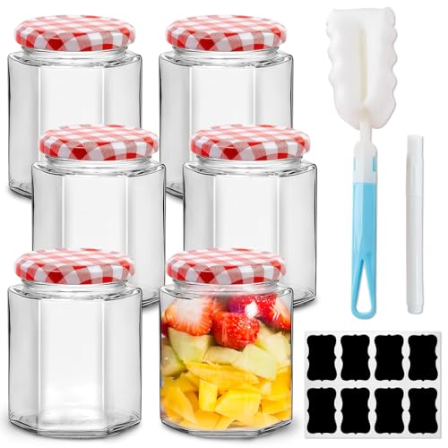 WyndShades - 6 Pack Glass Jam Jars with Lids 280ml – Hexagonal Glass Jars with Red Gingham Lids, Labels, Brush & Chalk Pen – Airtight Storage Jars for Jam, Honey, Pickles, Herbs, Candles & Homemade Preserves