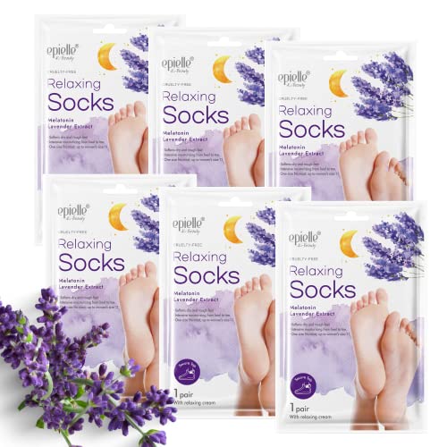 Epielle Relaxing Foot Masks, 6 Pairs Deep Moisturizing Socks with Melatonin & Lavender Extract, Vegan & Cruelty-Free, Korean Skincare, Easter Gifts, Mother’s Day Gifts