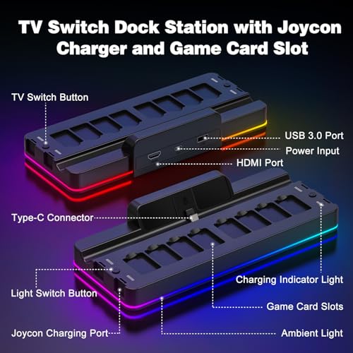 Tendak Switch Docking Station, TV Dock Station für Nintendo Switch/Switch OLED, LED Ladestation für JoyCon, Switch Controller Ladestation mit 8 Switch piele Aufbewahrung – Bild 3