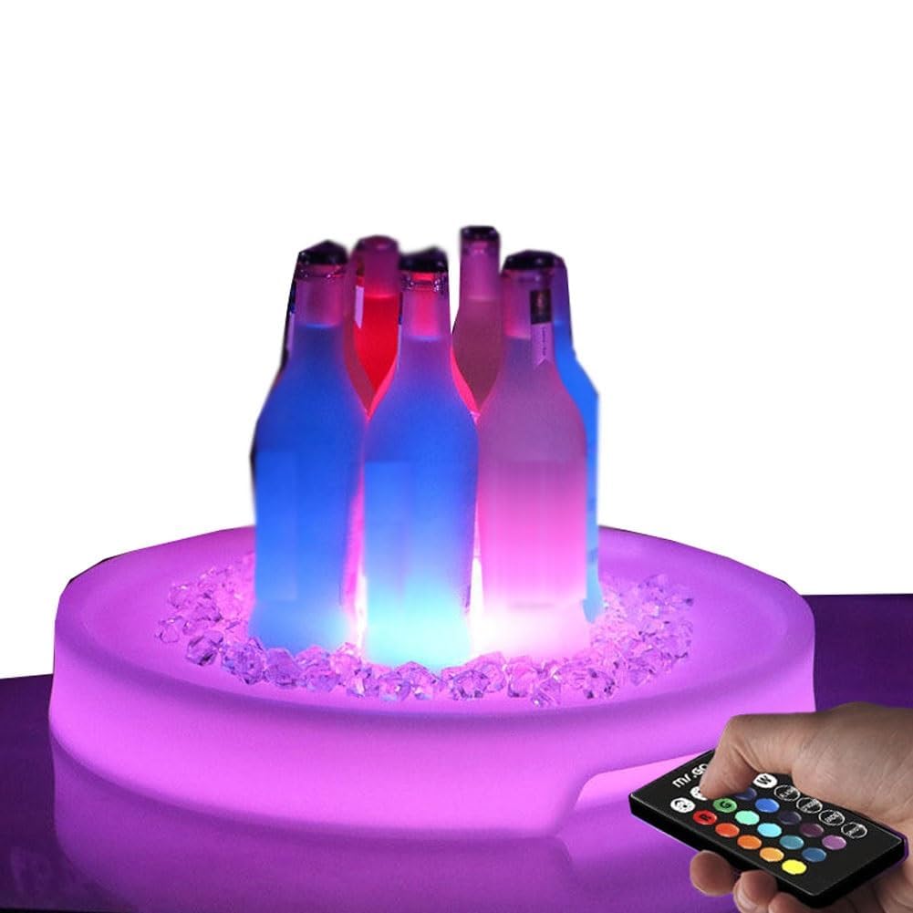 Plateau de service lumineux à LED, plateau de collations à LED en plastique étanche rechargeable de forme ronde, télécommande, plateau de bar à vin rouge 16 boissons colorées, plateau à champagne aux
