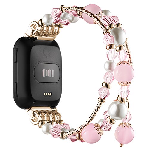 Simpeak Fashion Band Compatible With Fitbit Versa/Versa 2 / Versa Lite/Versa Se Smartwatch, Jewelry Bracelet Elastic Beaded Pearl Band Replacement For Fitbit Versa,Women Girls, Pink #TOP1