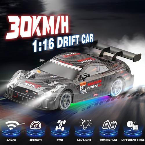 Image of 1 /16 RC Drift Car, 2.4GHz 4WD Remote Control Drift Car, 30+KM /H High Speed Drift RC Cars with LED Lights 2 Batteries and Drift Tires Race Cars for Adults Boys Kids, Dark