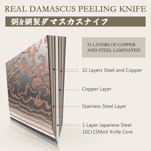 SHAN ZU Japanese Peeling Knife 33 Layer Damascus Knife 8 inch, Kitchen Knives High Carbon Copper & Damascus Steel Hand Forged Paring Knife Professional with Maple Wood Handle for Fruit, Vegetable
