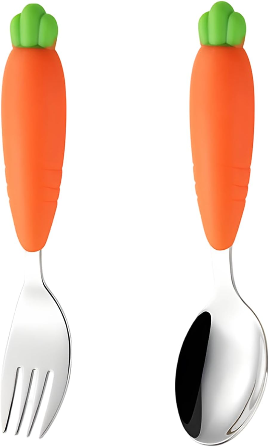 2 Pcs Little One Utensils, Carrot Design, Spoon And Fork Set, 304 Stainless Steel, Food-Safe Silicone Handles, For Self-Feeding