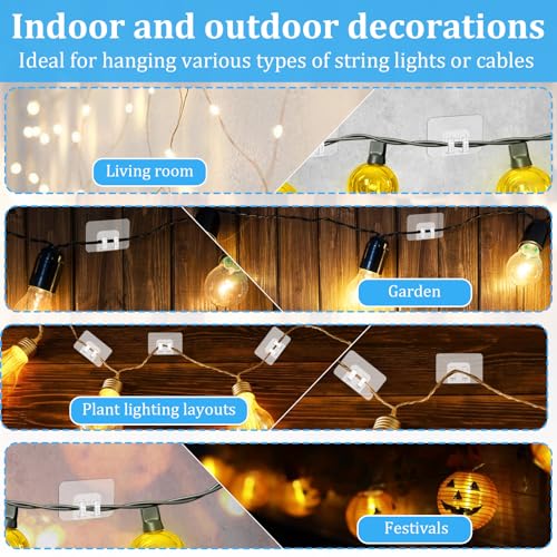 40pcs Hooks for Outdoor String Lights Clips, Heavy Duty Adhesive Wall Hooks for Hanging Christmas Light, Waterproof Clear Sticky Commands Outdoor Lights Clip Cable Clip No Tools for Porch Patio