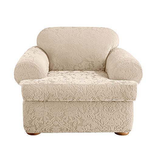 SureFit Stretch Jacquard Damask 2 Piece T Cushion Chair Slipcover in Oyster