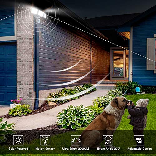 SOLLA 2000LM LED Solar Security Light Outdoor, Motion Sensor Outside Flood Light, 5000K Daylight White Waterproof Exterior Flood Lighting with 3 Adjustable Head for Yard, Driveway, Patio, Garage