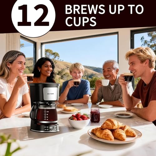 Programmable 12 Cup Coffee Maker with Reusable Filter, Drip Coffee Maker with Glass Carafe, Keep Warm Plate, Auto Brew Timer, 51oz Water Tank, Compact Coffee Machine for Home & Office, Silver & Black by SECPOEDR - Image 6