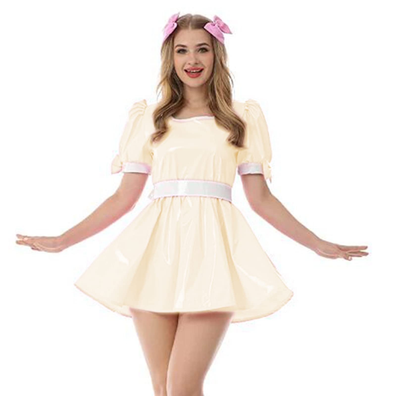 Vestido de cuero PVC para mujer, cuello de vinilo, mini vestido de verano, disfraz de doncella elegante, vestido de mujer de gran tamaño