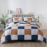 Caressma Navy Blue Plaid Checkered Comforter Set, Fluffy Geometric Grid Gray and Brown Buffalo Twin Size Comforter with Matching Pillow Shams for All Seasons