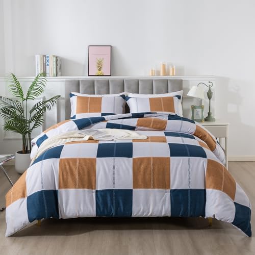 Caressma Plaid Checkered Comforter Set Navy and Gray Fluffy Geometric Grid Buffalo Full Size 3 Pieces Comforter Set with Matching Pillow Shams