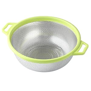 HiramWare Stainless Steel Colander With Handle and Legs, Large Metal Green Strainer for Pasta, Spaghetti, Berry, Veggies, Fruits, Noodles, Salads, 5-quart 10.5” Kitchen Mesh Colander, Dishwasher Safe