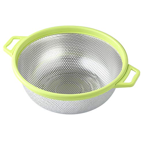 Stainless Steel Colander With Handle and Legs, Large Metal Green Strainer for Pasta, Spaghetti, Berry, Veggies, Fruits, Noodles, Salads, 5-quart 10.5” Kitchen Mesh Colander, Dishwasher Safe