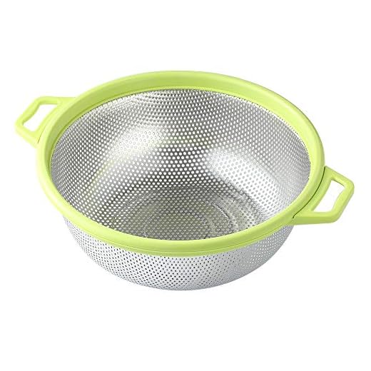 Stainless Steel Colander With Handle and Legs, Large Metal Green Strainer for Pasta, Spaghetti, Berry, Veggies, Fruits, Noodles, Salads, 5-quart 10.5” Kitchen Food Mesh Colander, Dishwasher Safe
