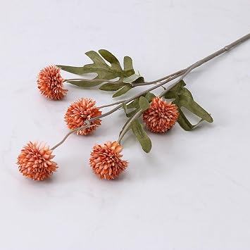 5 Pcs Artificial Silk Pompon Mum Long Stem Flowers, 20.4 Inch Bulk Faux Mini Silk Chrysanthemum Balls with Stem for DIY Bouquet Centerpieces Arrangements Shower Decorations Autumn Orange