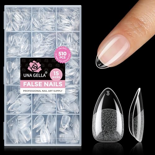 UNA GELLA Short Almond Nail Tips, 510Pcs 15 Sizes Pre-Etched Soft...