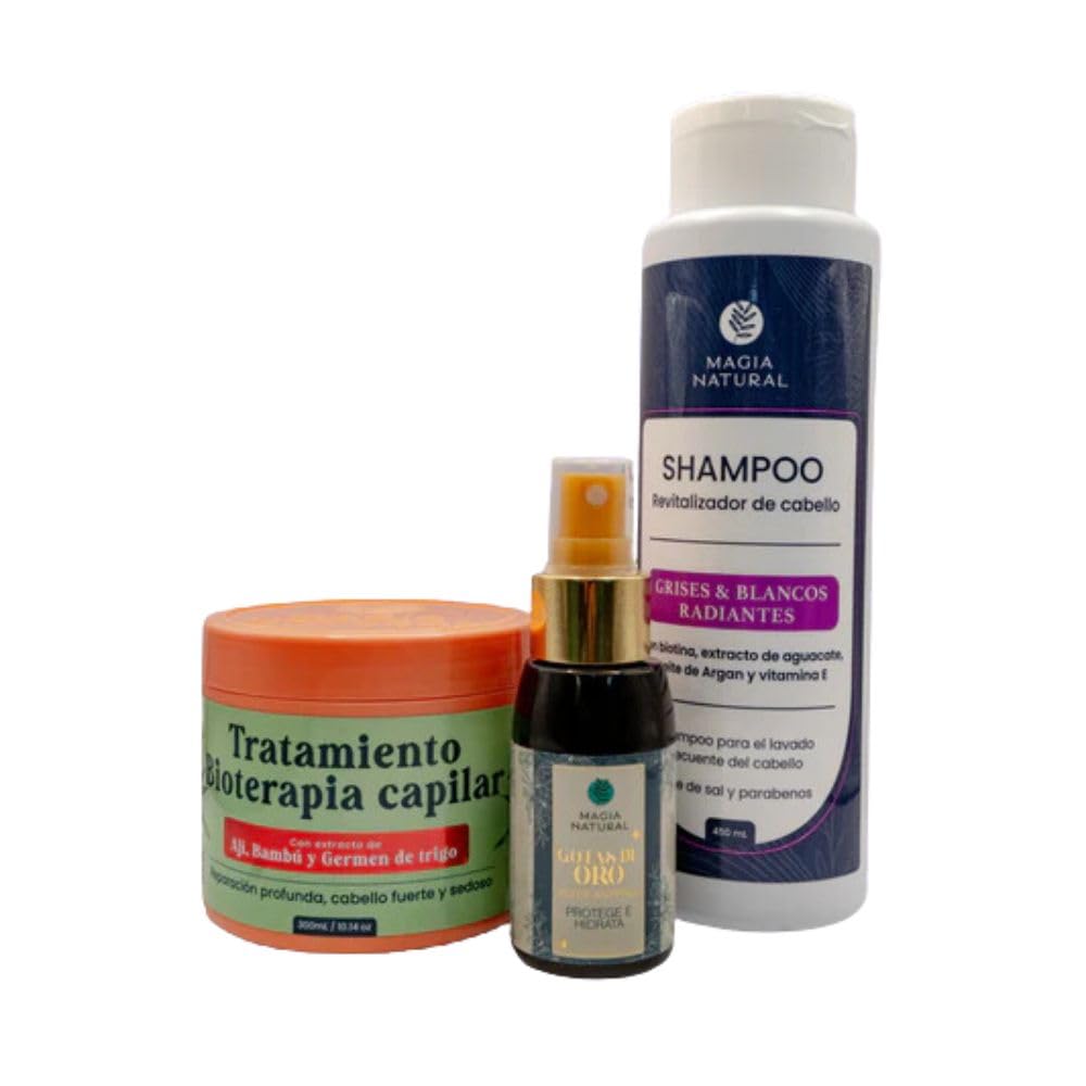 RUUFE Shampoo for Gray and White Hair Kit, Natural Magic (3 Pack) Bioterapia Capilar Treatment, Revitalizing Shampoo, Anti-Frizz Gold Oil Drops