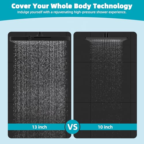 Hibbent 100-02.13INB4-52320-MB 5 Spray Modes Shower Head, 13'' High Pressure Rain Shower Head, Square Large Rainfall Showerhead, High Flow Waterfall Bathroom Fixed Showerheads thumb #2
