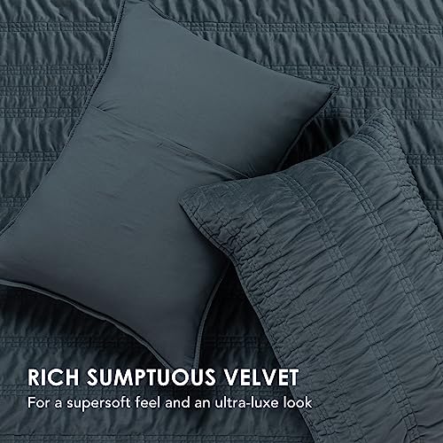 EverGrace Velvet Quilt King Size, Luxury Velvet Bedding Set, Ultra Soft Ruched Quilt Sets, Lightweight Comforter Vintage Textured Bedspread Coverlet with 2 Shams for All Season, Stormy Blue by EverGrace - Image 3