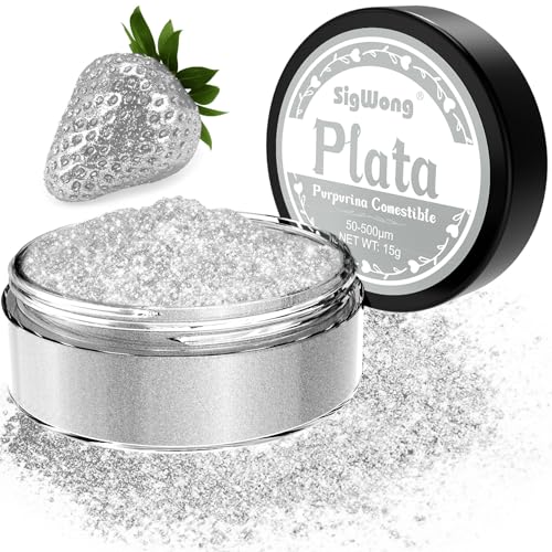 Purpurina Comestible, 15g Sprinkles Purpurina Comestible Reposteria Decoracione, Comestible Alimenticio Reposteria Comestible para Tarta, Magdalenas, Bebidas, Chocolate-Plata