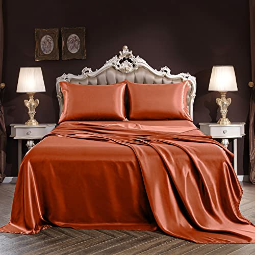 Siinvdabzx 4Pcs Satin Sheet Set Queen Size Ultra Silky Soft Autumn Orange Satin Queen Bed Sheets With Deep Pocket, 1 Fitted Sheet, 1 Flat Sheet, 2 Envelope Closure Pillowcases #TOP6