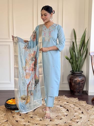 Image of Shiv Textiles Women's Chanderi Silk Embroidered Kurta Pant Dupatta Set(JDA-PARITA-SkyBlue-XL)