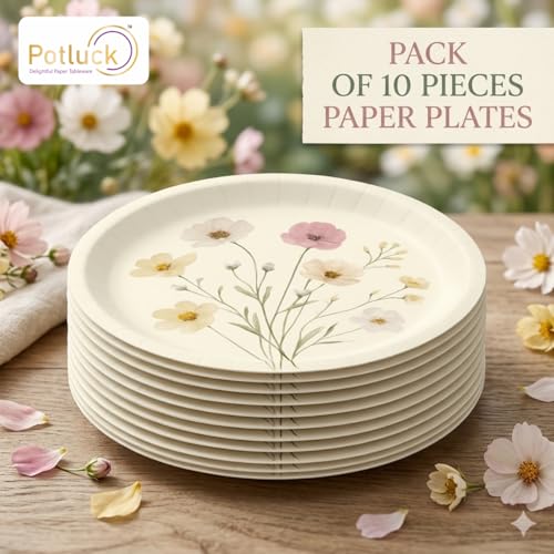 Image of Potluck Exotic Floral Disposable Paper Plates, 9 Inch Food Grade Tableware for Parties, Events, Snacks & Meal Serving Pack