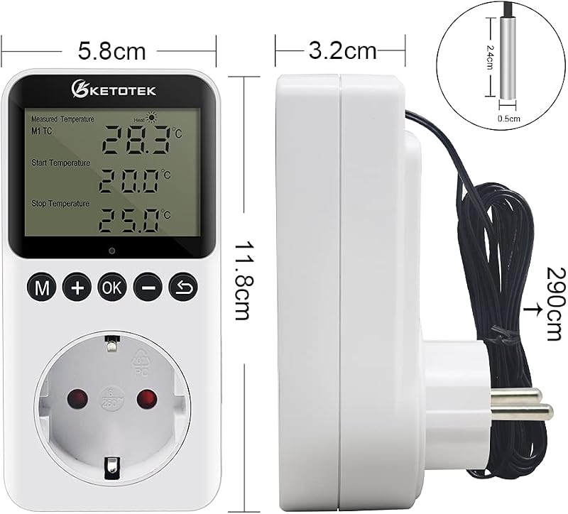 KETOTEK Digitális Termosztát Konnektor Napi Éjszakai Időzítővel 230V Hőmérséklet Szabályozó Szenzorral Terrárium Hüllő Keltetőhöz