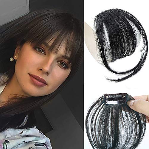 Front Bangs Extensions Clip in Bangs Hair Extensions Hair Clip on Bangs Thin Hair Bangs Clip in Hairpieces with Temple Hand Made Tied Bangs for Women for Women (Black)