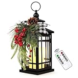Metal Christmas Vintage Candle Lanterns with Remote Control and Led Light, Plaid Ribbon Decorative Hanging Lantern for Indoor Outdoor Xmas Porch Decorations Party Gift,WOKEISE