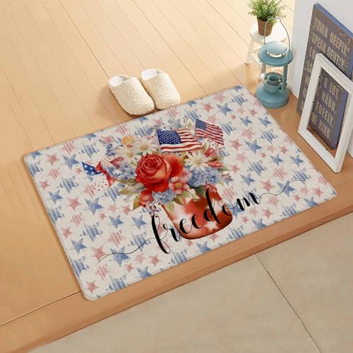 Independence Day Antifatigue Kitchen Bath Door Mat Cushioned Runner Rug,Washable Welcome Floor Sink Mat,Waterproof & Non-Slip Kitchen Standing Doormat,Patriotic Memorial Stars Floral Farmhouse 18