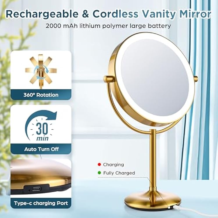 9 Rechargeable Gold Lighted Makeup Mirror with Magnification 20X/1X, Magnifying Mirror with Base Charging and Switch, Makeup Vanity Mirror with 3 Color Dimmable Lights for Dresser, Bathroom