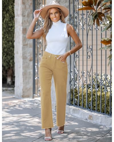 Image of GRAPENT Straight Leg Jeans for Women High Waisted Stretchy Frayed Raw Hem Loose Denim Pants Casual Baggy Jean Trousers