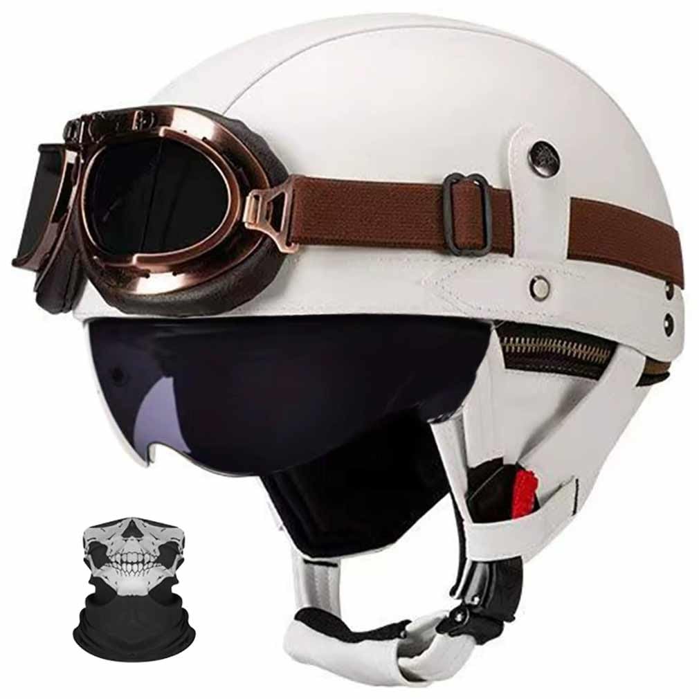 Casco moto semi-jet vintage de piel PU unisex con gafas