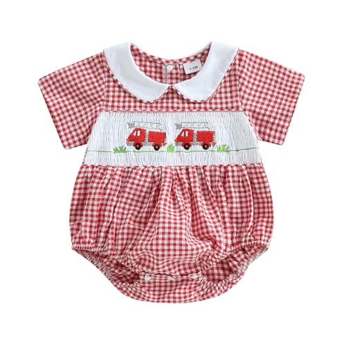 Honganda Newborn Infant Baby Girl Bubble Romper Fire Truck Doll Collar Short Sleeve Smocked Onesie Plaid Jumpsuit