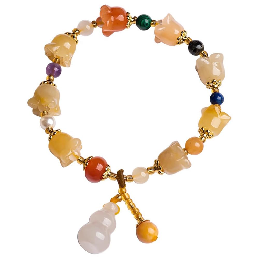 Bracciali, Braccialetti da Donna, Bracciale Feng Shui in Giada Gialla per Donna Bracciale in Filo d'oro Genuino Campana di Giada con Fiore di Orchidea Adatto per 14-16 cm