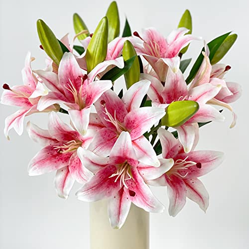 Yalzonemet Pink Artificial Stargazer Lily Flowers 2 Pcs 28 Inch Fake Real Touch Lily Latex 3 Heads 2 Buds Pink Flowers Faux Silk Lily For Indoor Home Office Decor Wedding Decoration Table Centerpiece #TOP4