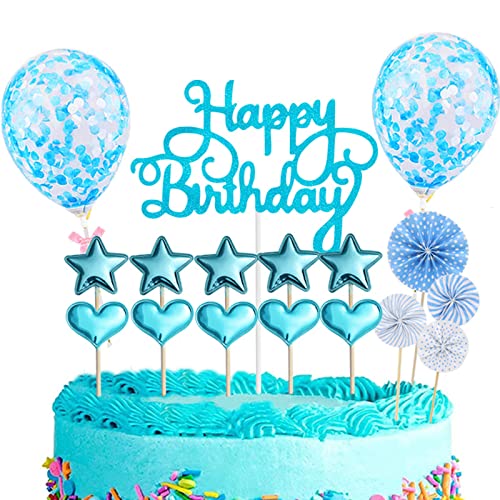 Happy Birthday Tortenaufsatz - 11er-Pack Geburtstagstortendekorationen Set Konfetti Ballon Sterne Herz Cupcake Topper und Papierfächer Partyzubehör für Mädchen Frauen Kinder (Blau) Cover